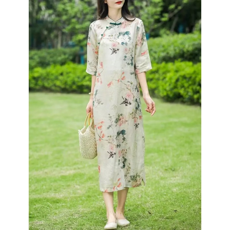 Midi Skirt Floral - Women's Chinese Style Linen Cheongsam Dress