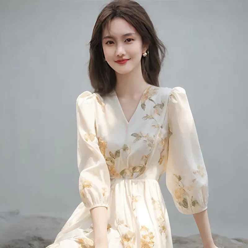 Midi Skirt Floral - Women's Floral Print V-Neck Puff Sleeve