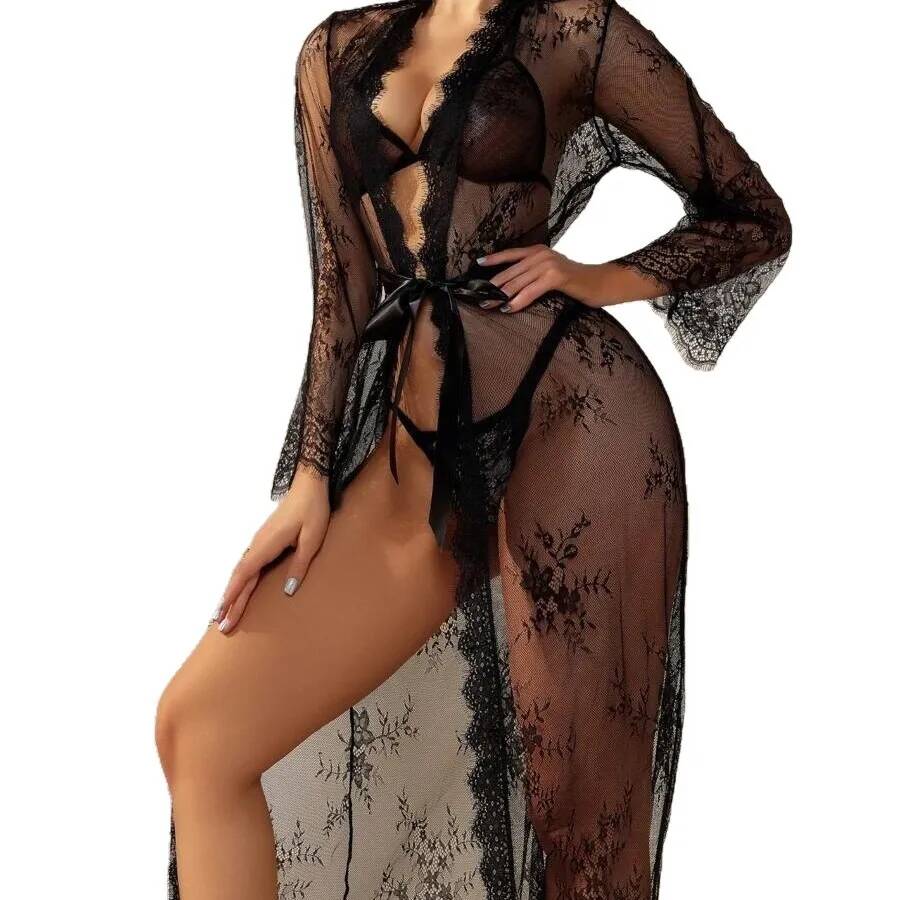 Black Lace Sheer Long Robe For - đánh giá và giá Kimono Sheer Floral