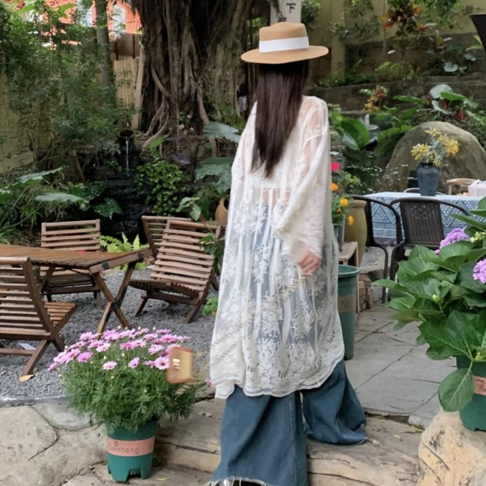 Lightweight Lace-Up Lace Blous - đánh giá và giá Kimono Sheer Floral