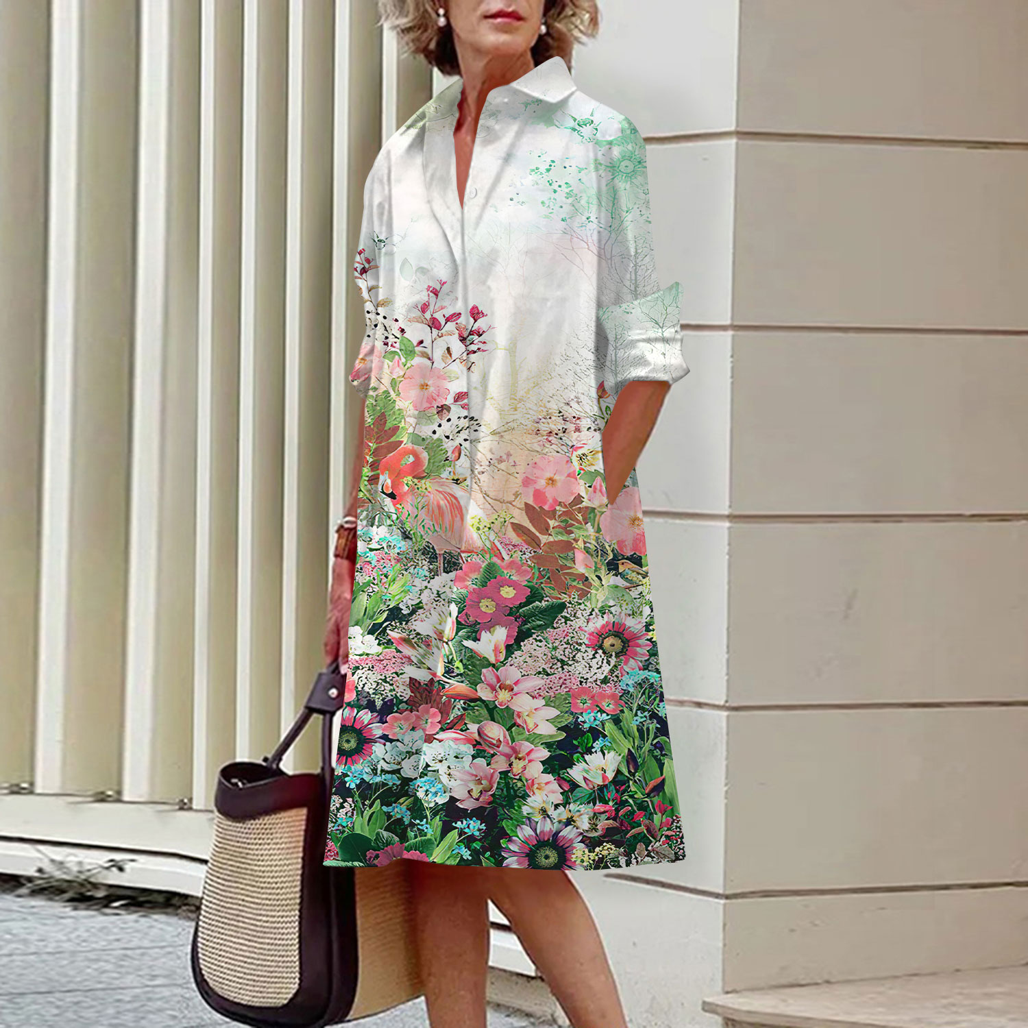 Floral Pattern Shirt Dress Ele - đánh giá và giá Midi Skirt Floral