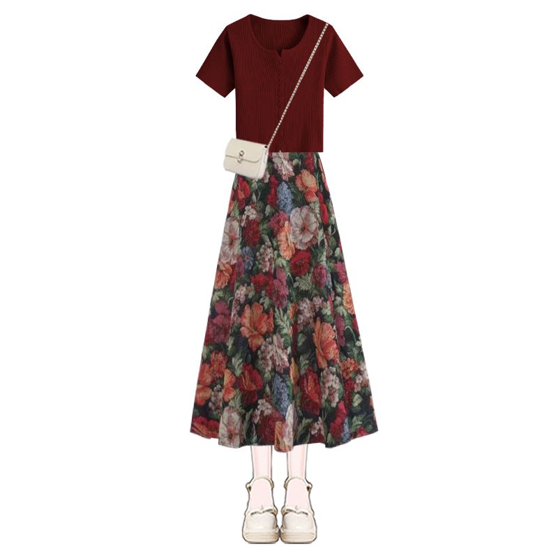 Women Lucky Wine Red T-Shirts  - đánh giá và giá Midi Skirt Floral